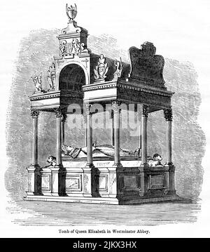 Tomb of Queen Elizabeth in Westminster Abbey, Illustration from the Book, 'John Cassel’s Illustrated History of England, Volume II', text by William Howitt, Cassell, Petter, and Galpin, London, 1858 Stock Photo