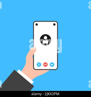 Online video call on Phone screen. Phone in hand Stock Vector