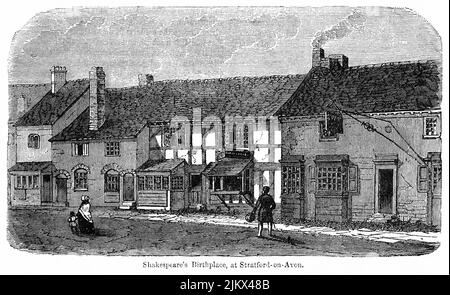 Shakespeare’s Birthplace at Stratford-on-Avon, Illustration from the Book, 'John Cassel’s Illustrated History of England, Volume II', text by William Howitt, Cassell, Petter, and Galpin, London, 1858 Stock Photo