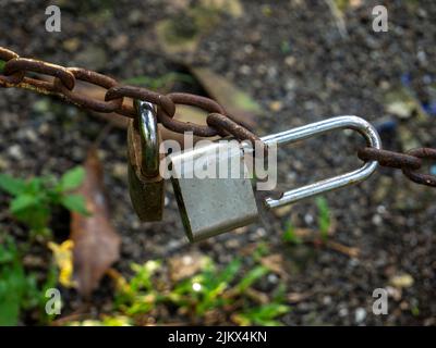 Rusty chain with an open padlock, Rusty chain with padlock Stock Photo