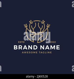 A monoline-style logo of a deer with blooming antlers in a circle with an editable text Stock Vector