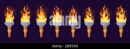 Torch animation. Animated fire brand, flame old candle or medieval bonfire beach pillar, cartoon spark flames 2d sequence loop magic light burning effect, vector illustration of fire animation torch Stock Vector