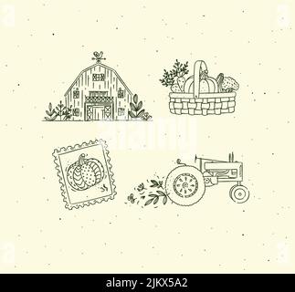 Village collection of icons barn, vegetable basket, stamp, tractor drawing in graphic style on beige background Stock Vector