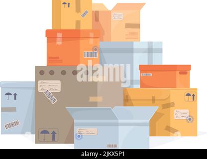 Stack moving boxes. Lot carton mail box move cargo, stockpile cardboard delivery parcel packing, supplies wholesale shopping sealed goods warehouse package neat vector illustration of carton mail box Stock Vector