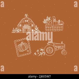 Village collection of icons barn, vegetable basket, stamp, tractor drawing in graphic style on mustard background Stock Vector
