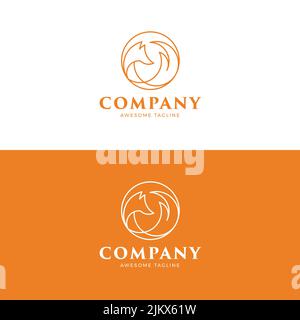 A monoline style logo with a fox head and tail in a circle with an editable text Stock Vector