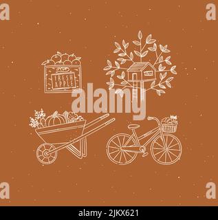 Village collection of icons apple crate, treehouse, vegetable cart, bicycle drawing in graphic style on mustard background Stock Vector