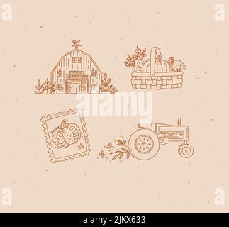 Village collection of icons barn, vegetable basket, stamp, tractor drawing in graphic style on peach background Stock Vector