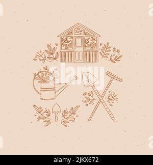 Village collection of icons house, garden tools, shovel, rake, watering can drawing in graphic style on peach background Stock Vector