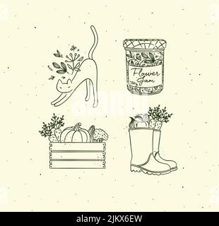 Village collection of icons vegetable box, boots, cat, jar of jam drawing in graphic style on beige background Stock Vector