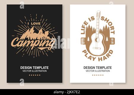 Set of travel inspirational quotes. Vector. Concept for flyer, brochure, banner, poster. Vintage typography design with guitar, forest, sunburst and Stock Vector