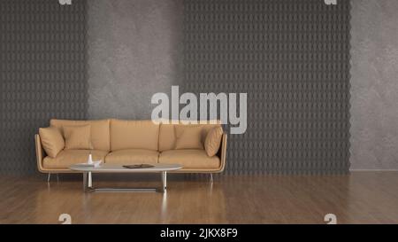 A light brown sofa and a table in a room Stock Photo