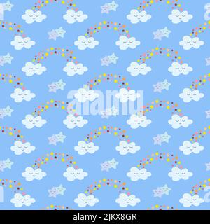 Childish cute pattern with rainbow and stars on a light blue background. Vector drawing.  Stock Vector