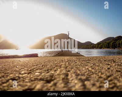 Sunset view in the mediterranean beach of Pi de La Posada 'Cala Pi de La Posada' in Formentor, Mallorca Island, Spain Stock Photo