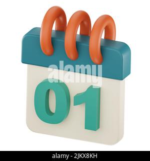 Daily calendar plan icon with number ''01'' isolated, 3D render, 3d illustration. Stock Photo