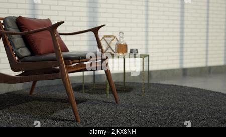 An elegant wood-detailed chair and a bottle of whiskey on a table against a white brick wall Stock Photo