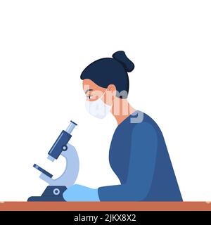 Woman scientist is looking through a microscope. Chemistry laboratory specialist working on research and exploration, sitting at the table in potectiv Stock Vector