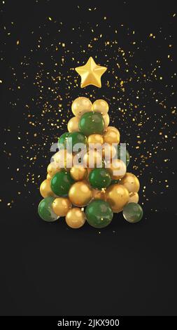 A Christmas tree made of balls and a star on top with golden glitters isolated on dark background Stock Photo
