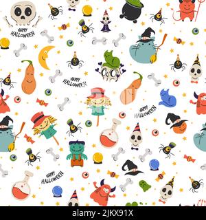 Seamless pattern with cartoon Halloween attributes. Colorful Helloween print with scary holiday items. Stock Vector