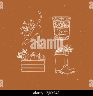 Village collection of icons vegetable box, boots, cat, jar of jam drawing in graphic style on mustard background Stock Vector