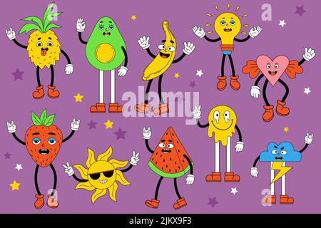 Set retro cartoon stickers with funny comic characters, gloved hands. comic elements in trendy retro cartoon style. Vector of avocado, heart, strawber Stock Vector