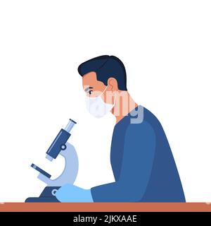 Man scientist is looking through a microscope. Chemistry laboratory specialist working on research and exploration, sitting at the table in potective Stock Vector