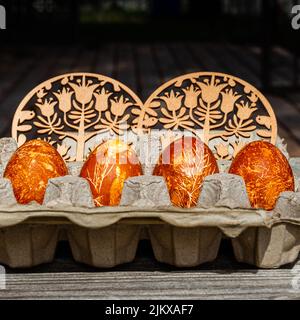 Easter Eggs Naturally Dyed with Onion Skins Stock Photo
