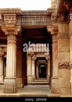 A vertical shot of the historic Adalaj Stepwell in India Stock Photo