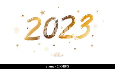 Brush numbers 2023 for the New Year. Golden gradient. Template for postcards, prints, invitations, labels. Vector Stock Vector