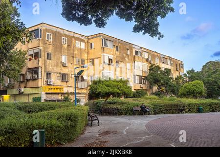 Haifa, Israel - 20 July 2022, Bat Galim area. Old houses at sunset Stock Photo