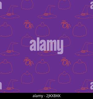 Seamless Halloween pattern with orange abstract Halloween elements on purple background. Repeating texture. Template for wrapping paper, poster, postcard, greeting card, price tag, banner. Stock Vector