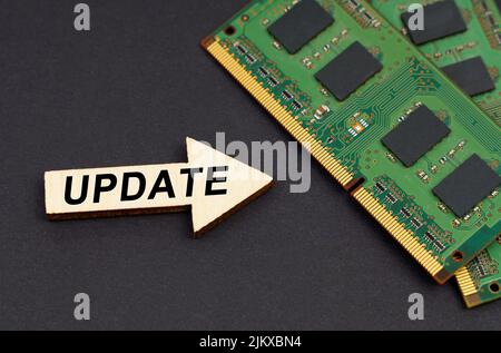Technology and computer concept. On the black surface lies RAM and an arrow with the inscription - update Stock Photo