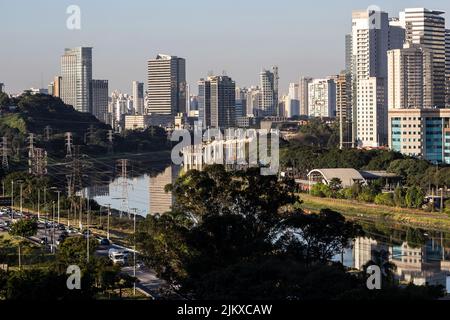 City skyline, with Marginal Avenue and Pinheiros River in the foreground, in the south zone of Sao Paulo, Brazil Stock Photo