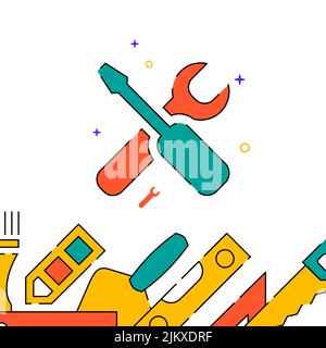 Screwdriver and wrench work tool filled line vector icon, simple illustration, related bottom border. Stock Vector