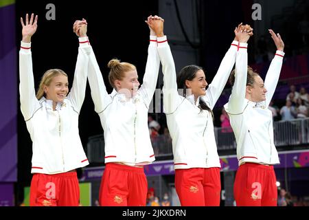 England's Anna Hopkin, Laura Stephens, Molly Renshaw, Lauren Cox celebrate winning bronze in the Women's 4 x 100m Medley Relay Final at the Sandwell Aquatics Centre on day six of the 2022 Commonwealth Games in Birmingham. Picture date: Wednesday August 3, 2022. Stock Photo