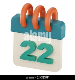 Daily calendar plan icon with number ''22'' isolated, 3D render, 3d illustration. Stock Photo