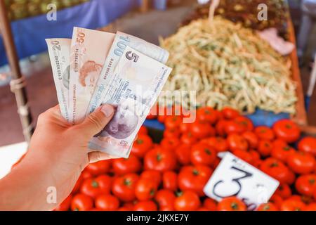 Turkish lira banknotes in hand against the background of vegetables at the farmer's market. The concept of consumer economy and inflation of the natio Stock Photo
