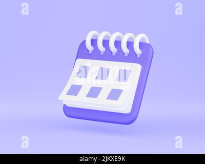 Calendar with date 3d render illustration. Purple floating organizer with rings and week lined up. Stock Photo