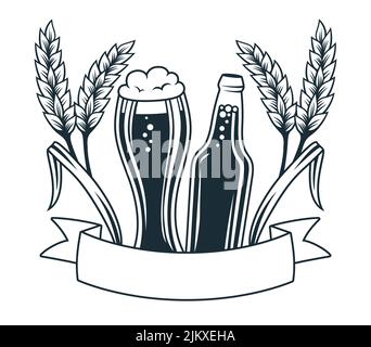 Beer festival Oktoberfest engraving design, Brewing company emblem. Monochrome stamp glass bottle, wheat ear, ribbon for text. Alcohol bar background template, brewing emblem, vintage label lager ale Stock Vector