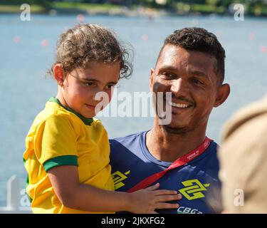 Dartmouth, Canada. August 3rd, 2022. Brazil Olympic Champion Isaquias Queiroz dos Santos wins his qualifying heat in the Men C1 500m race at the World Championships and then comes to celebrate with fans who came to cheer him on. He now moves straight to the finals later this week. The 2022 ICF Canoe Sprint and Paracanoe World Championships takes place on Lake Banook from August 3 - 7 this year in Dartmouth (Halifax). Credit: meanderingemu/Alamy Live News Stock Photo
