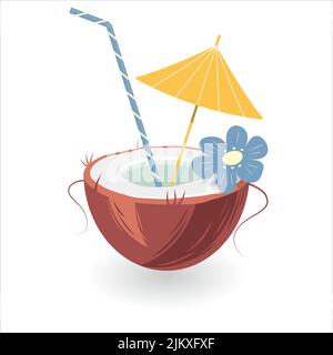 Exotic coconut cocktail in a nut shell with an umbrella and straw and flowers in trendy colors. Stock Vector