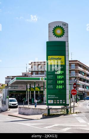 Arganda del Rey, Spain. April 18, 2022. Illuminated sign with the prices of a BP gas station. Stock Photo