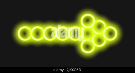 Yellow bright neon arrow. Lightning direction sign made of round shapes on dark background. Motel, cinema, night club or bar banner. Vector realistic illustration. Stock Vector