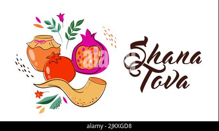 Rosh Hashanah design template with hand drawn apples, pomegranate, honey and Shofar horn. Shana Tova Lettering. Translation from Hebrew - Happy and Stock Vector