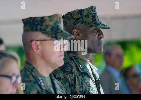 U.S. Marine Corps Maj. General Michael E. Langley, commanding officer of 2nd Marine Expeditionary Brigade, during the relinquishment of command ceremony, May 23, 2018, in Camp Lejeune, North Carolina. Langley will become the first Black four-star general in the Marines 246-year history, after the Senate confirmed his promotion August 3rd, 2022. Stock Photo