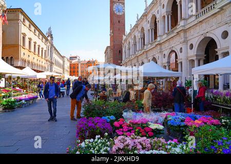 VICENZA, ITALY -14 APR 2022- View of the annual Flower Market in April in Vicenza, Veneto, Italy, a UNESCO world heritage site. Stock Photo