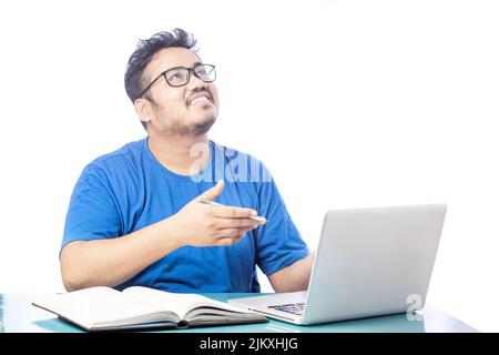 happy man talking on video calling in white background Stock Photo