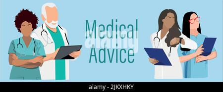 Medical personnel team, character of doctors and nurses wearing a surgical face mask and standing together to fight ills, male and female medical characters set cartoon flat vector illustration. Stock Vector