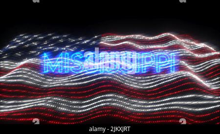 An illustration design of MISSISSIPPI state in neon letters with a dark background over the US waving flag Stock Photo
