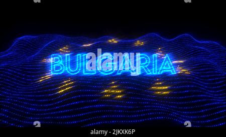 A 3d rendering of a Bulgaria as a European Union country written  in neon letters over an EU flag Stock Photo